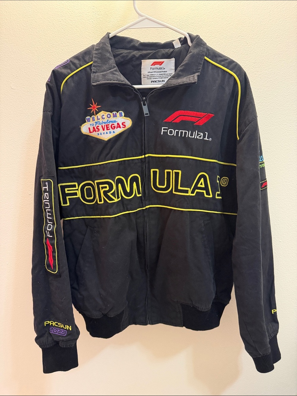PacSun Black Formula 1 Racing Bomber Jacket with Yellow Trim